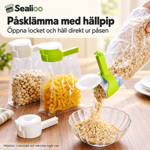 Påsklämma med hällpip: öppna locket och häll ur påsen. Miljöbild.
