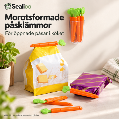 Morotsformade orange påsklämmor med gröna ändar på öppnade snackspåsar. Miljöbild.