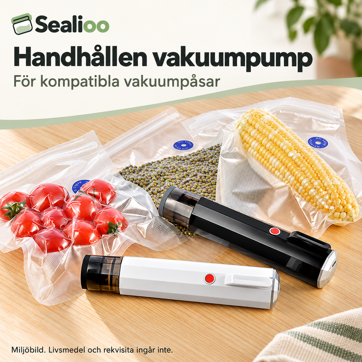 Svart och vit handhållen vakuumpump för kompatibla påsar med ventil. Miljöbild.